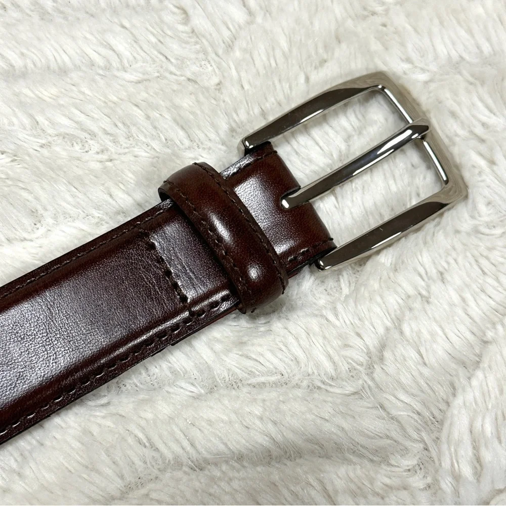 Men’s Brown Genuine Leather Belt, 32 , Shiny Silver Buckle 1.25 inches wide EUC!